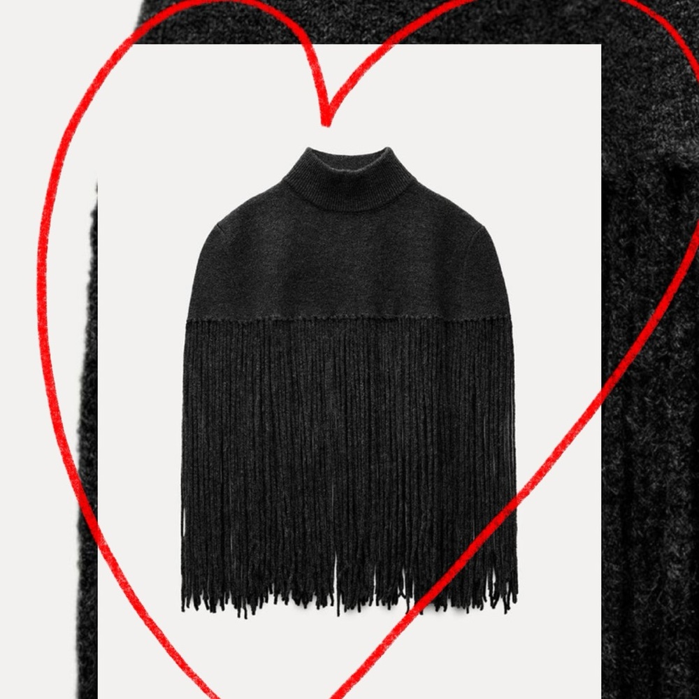 Fringe Knit High Neck Cape.  Great layering piece.
Size Small, Dark Charcoal.